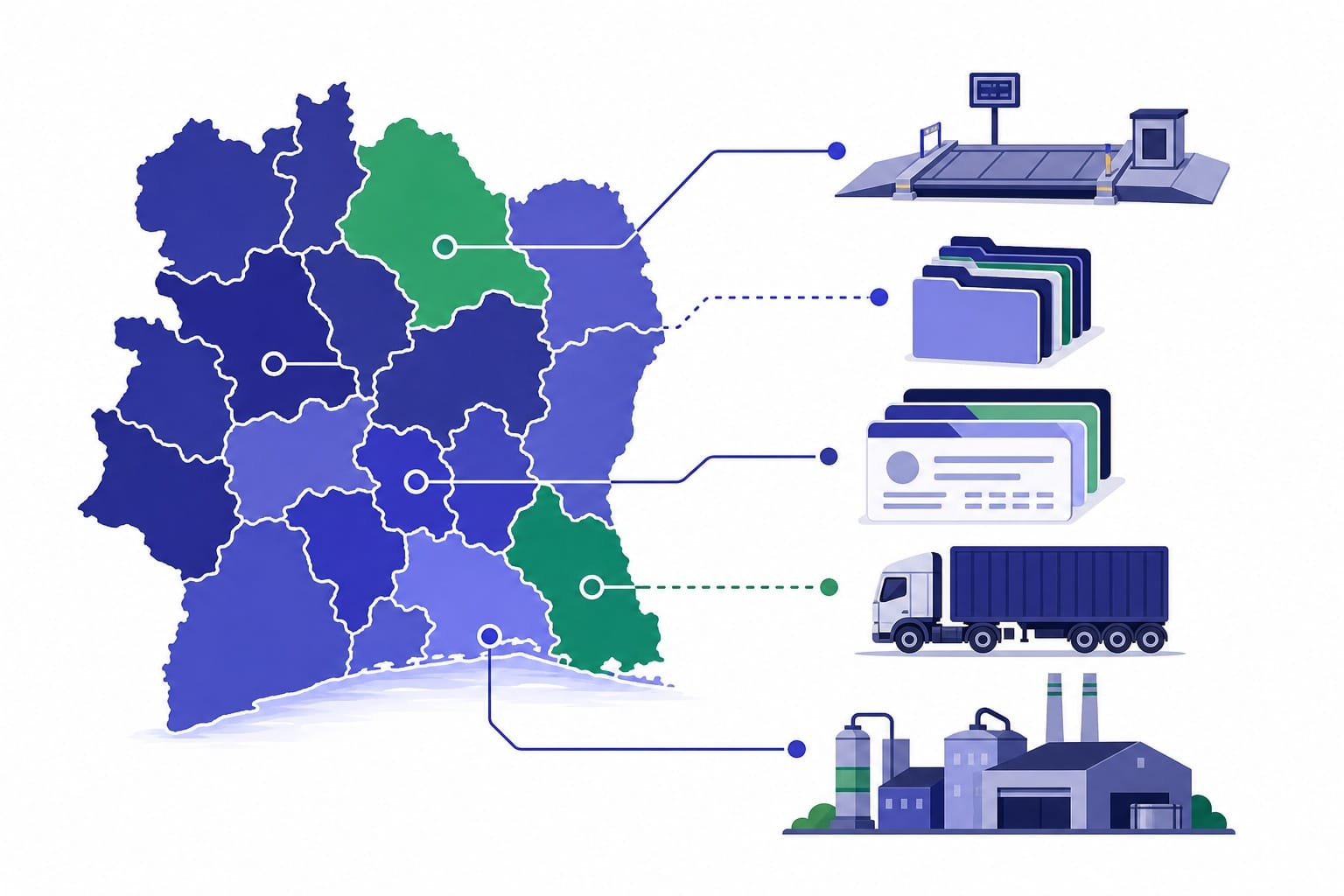 Illustration éditoriale diagrammatique des zones d’achat d’hévéa en Côte d’Ivoire